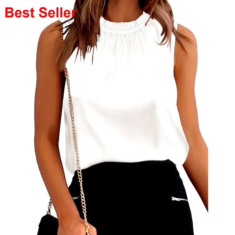 Silk Satin Tank Top Ruffle Neck Business Casual Sleeveless Blouse